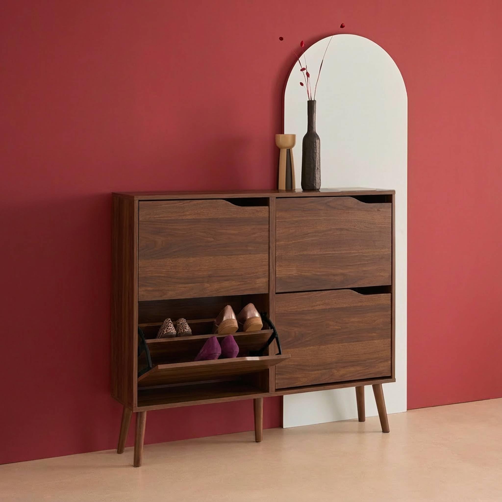 sweeek Scarpiera con Decoro Effetto Legno, 4 Ante Noce - 110x23x96 cm