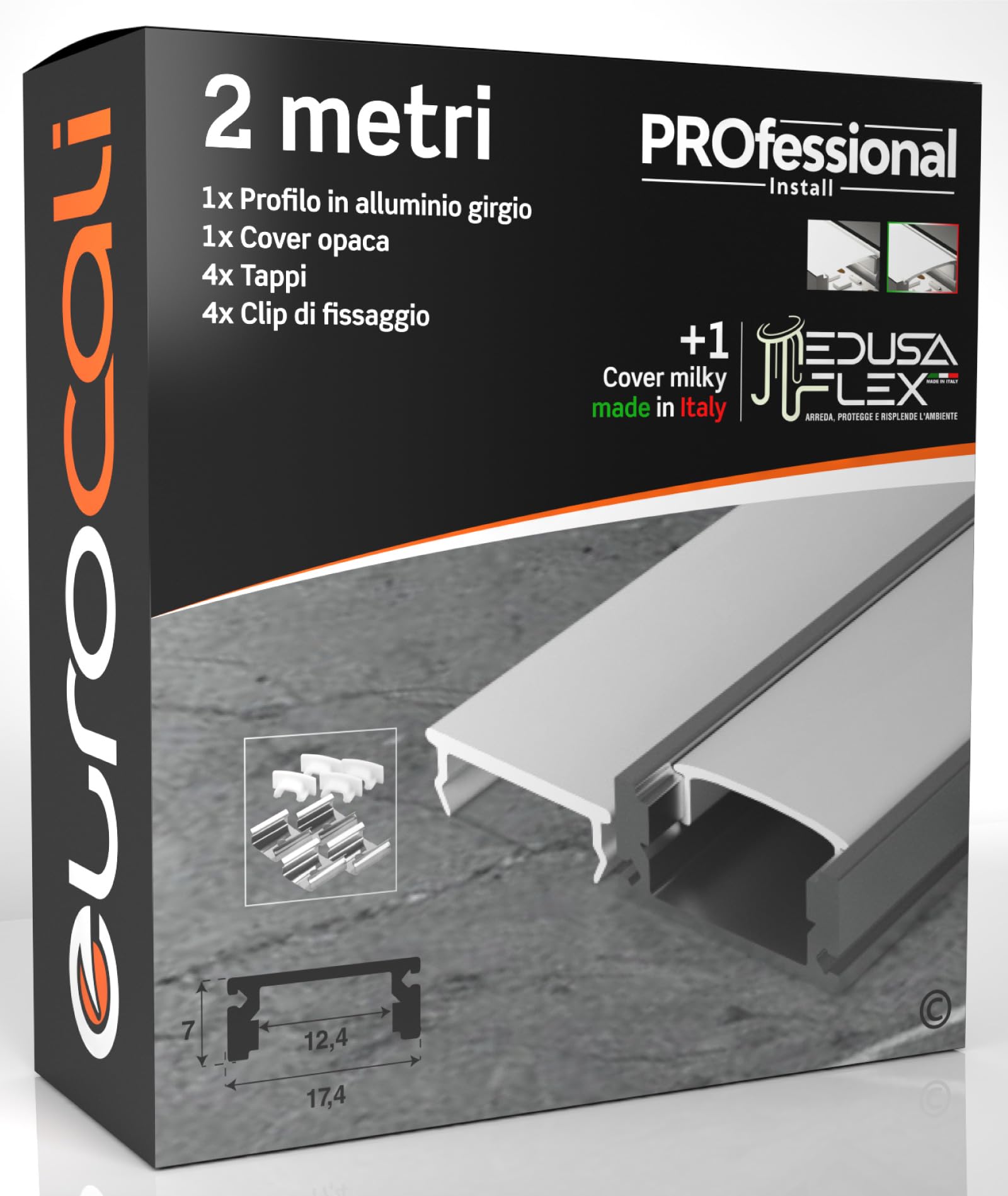 Eurocali Profilo Angolare In Alluminio Per Strisce LED - 2 Metri, Grigio, Schermo Opaco, Larghezza Max 12.1mm - 19x19 Mm Con Tappi E Clip
