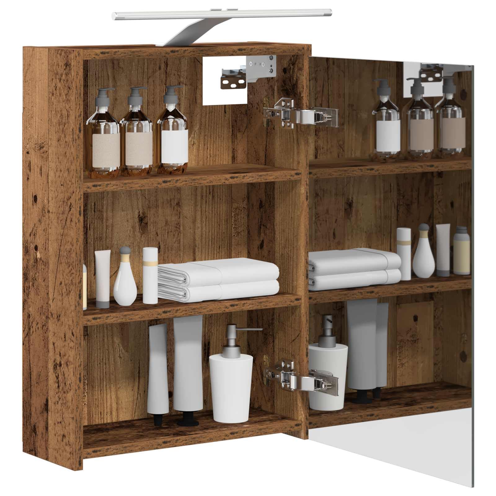 Mangloder Armadietto da bagno a specchio in legno anticato con strisce LED, 43 x 16 x 62,5 cm, montaggio a parete, specchio bidirezionale, 1 anta, 2 ripiani, portaoggetti per lavandino, bagno