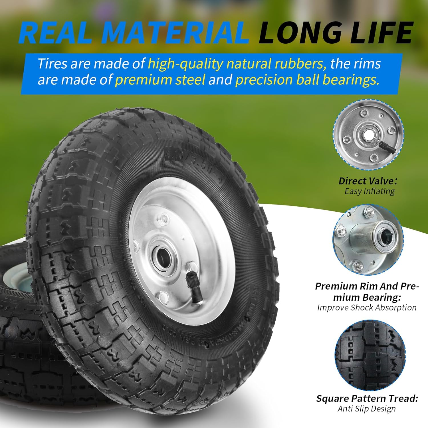 (2 Pack) RRQ 10 Inch Pneumatic Wheel 4.10/3.50-4 Tire, 10 Pneumatic Wheels with 5/8 Bearings,2.2 Offset Hub for Garden Cart, Hand Truck, Lawn Cart, Mower