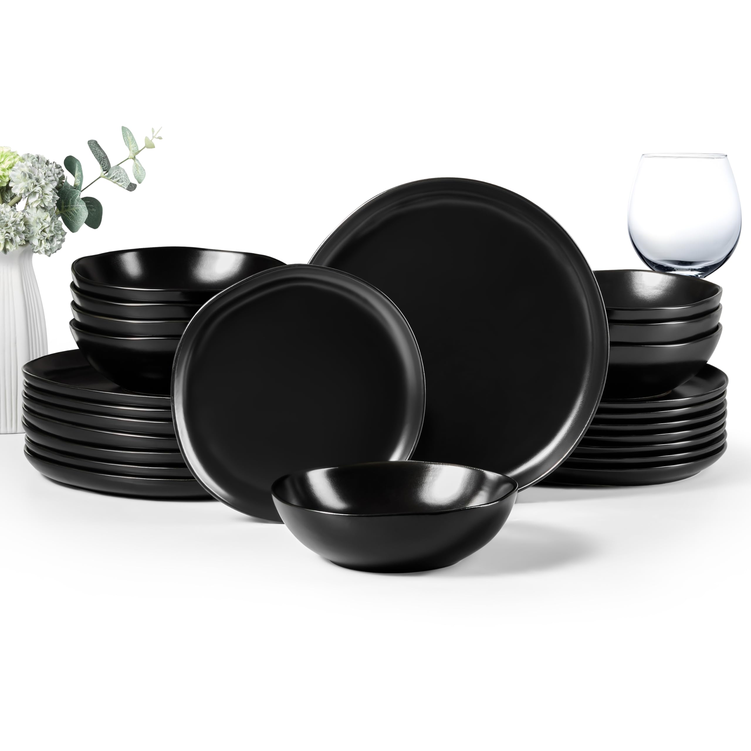 HaWare Dinnerware Sets, 24-Piece Stoneware Plates and Bowls Set, Dish Set for 8, Ceramic Dishware for Home Restaurant, Chip and Scratch Resistant, Microwave and Dishwasher Safe, Matte Black