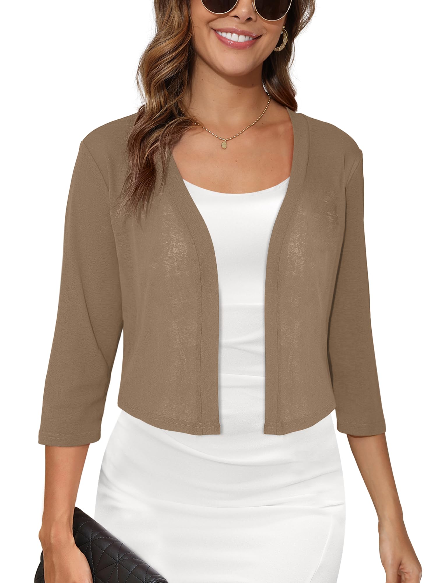 Skrfez Women's 3/4 Sleeve Thin Shrugs for Dresses Coffee X-Large Open Front Knit Lightweight Coat Cropped Tops Shawls and Wraps Cardigan Dressy Clothes for Summer Spring Autumn