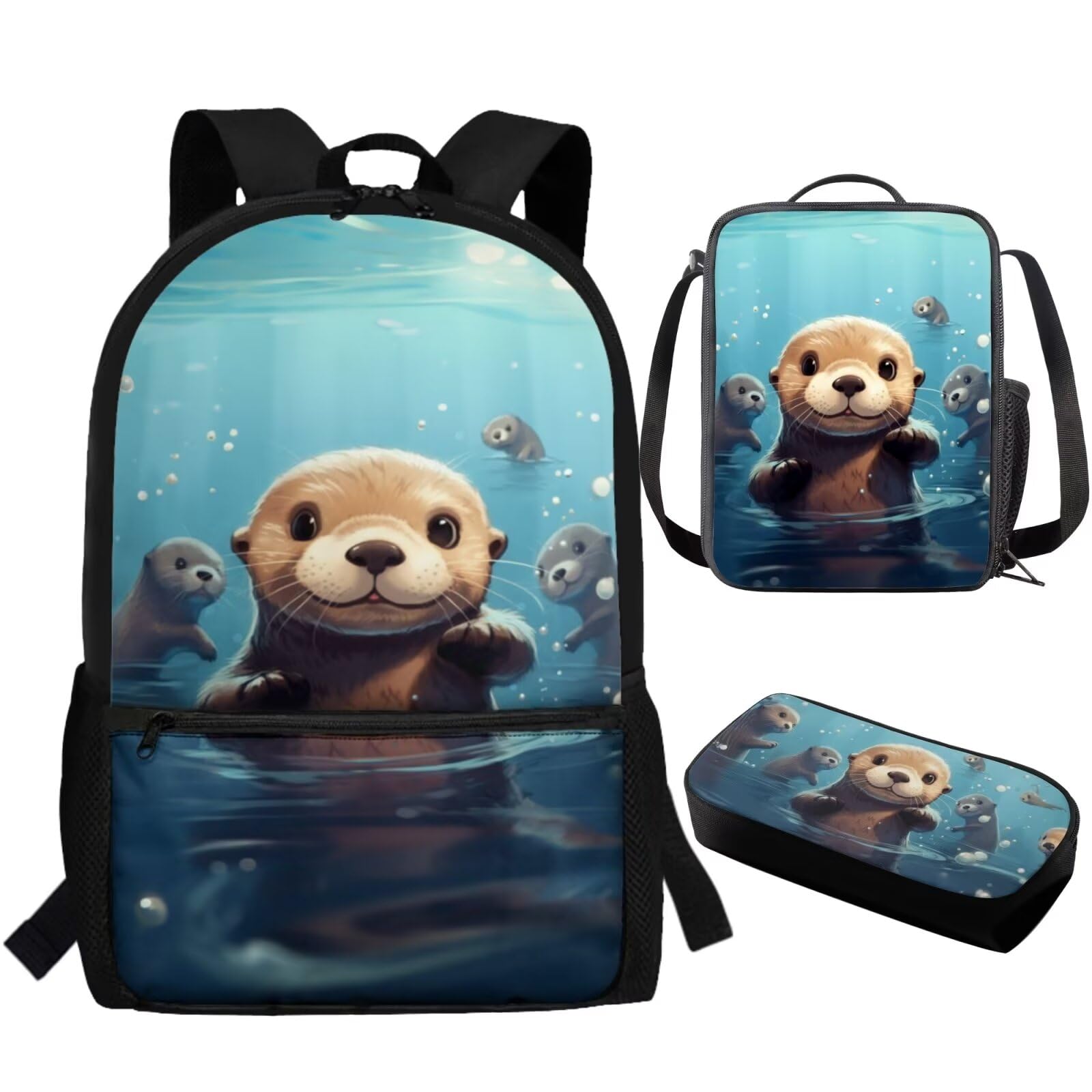 TOADDITDO Otter School Bag and Lunch Bag Set for Toddler Girls Boys 3 Piece Backpack Set with Pencil Case Cute Large School Bags for Kids Student Hiking Camping Book Bag Rucksacks Daycare Bag