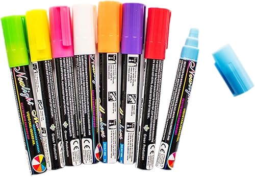 Elonglin Paquete de 8 rotuladores de tinta líquida oblicua borrable de 0.236 in de color fluorescente neón LED para ventana, rotulador de pizarra