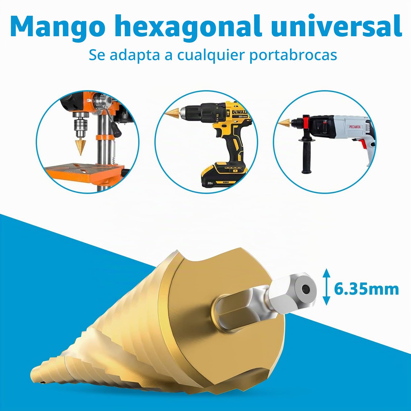 Genossen Broca Escalonada, 5pcs Brocas Cónicas HSS Titanio,（4-12mm, 3-13mm, 4-20mm, 4-32mm, 5-35mm）+1 perforadora central automática, acero de alta velocidad, revestimiento de titanio, para DIY madera