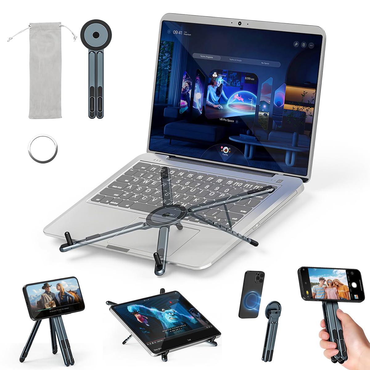 ZORBES® Aluminum Alloy Folding Magnetic Phone Holder Multi Desk Mount 8-Level Adjustable Height Laptop Riser Portable Bracket 4-13'' Mobile Stand for for Phone, Tablet, Laptop-image-21