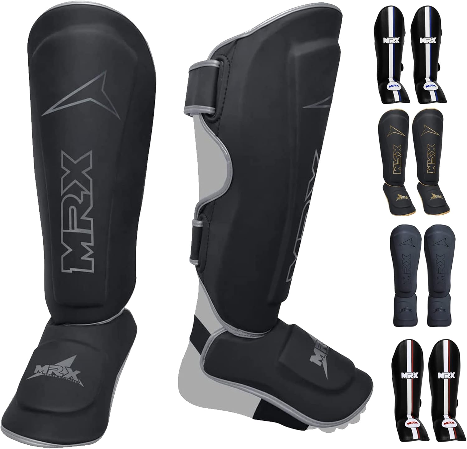 MRX BOXING & FITNESS Shin Guards Pads for Boxing MMA Muay Thai Kickboxing Training Workout Extra Padding with Deluxe Embossed Design Protective Gear Men Women Shin Protector