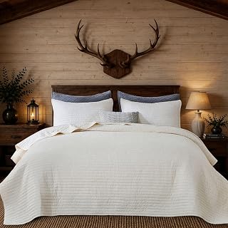DOWN HOME Queen Quilt Bedding Set with Shams, Vintage Washed Soft Quilted Blanket Thin Comforter Lightweight Bedspread Coverlet Bed Cover, Brushed Microfiber Stripe Stitching, Limestone Beige, 86"x90"