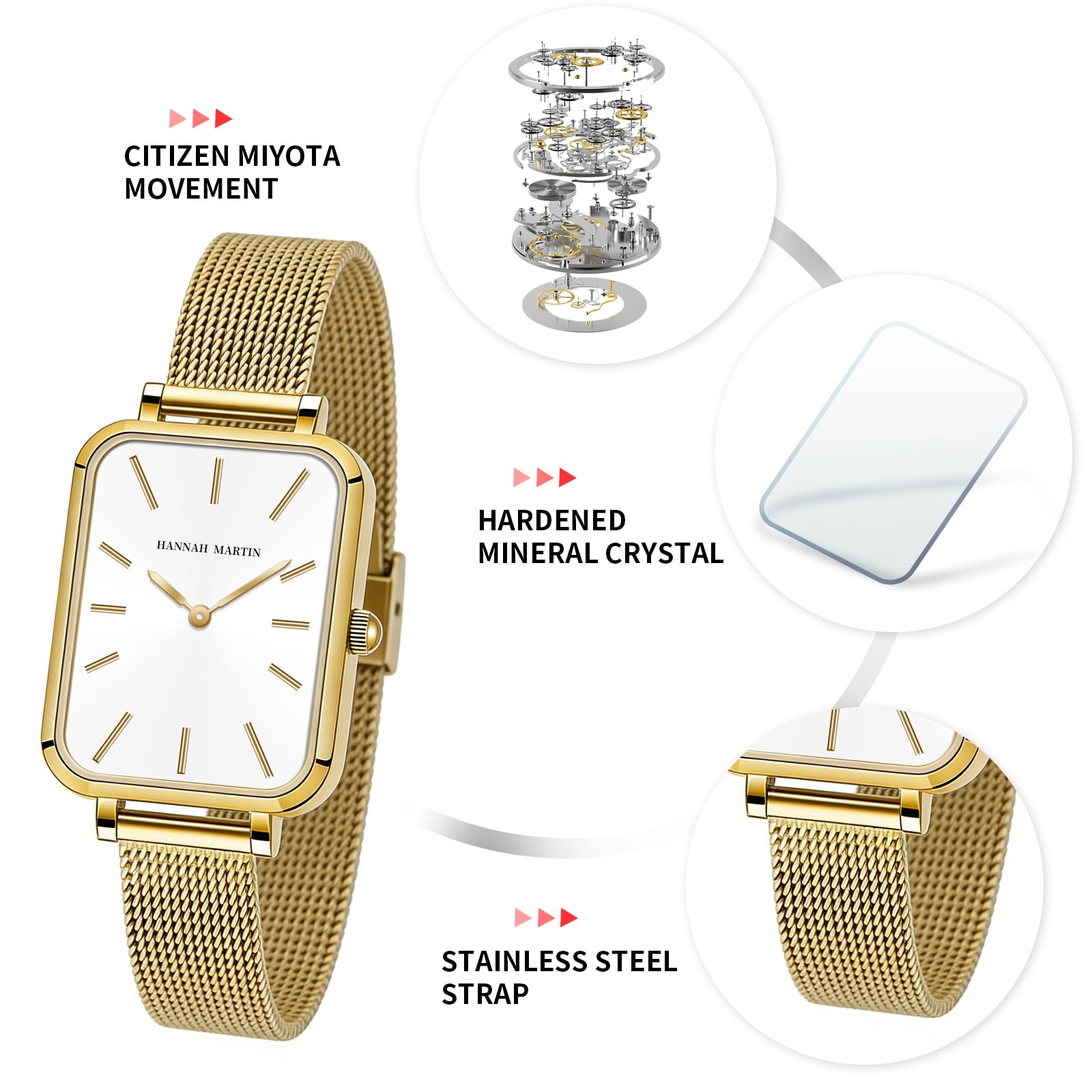 HANNAH MARTIN Uhren für Damen, wasserdicht, analog, Quarz-Armbanduhr, Edelstahlband, modisch, zierlich, Damenuhr, luxuriöses Armband, Diamant