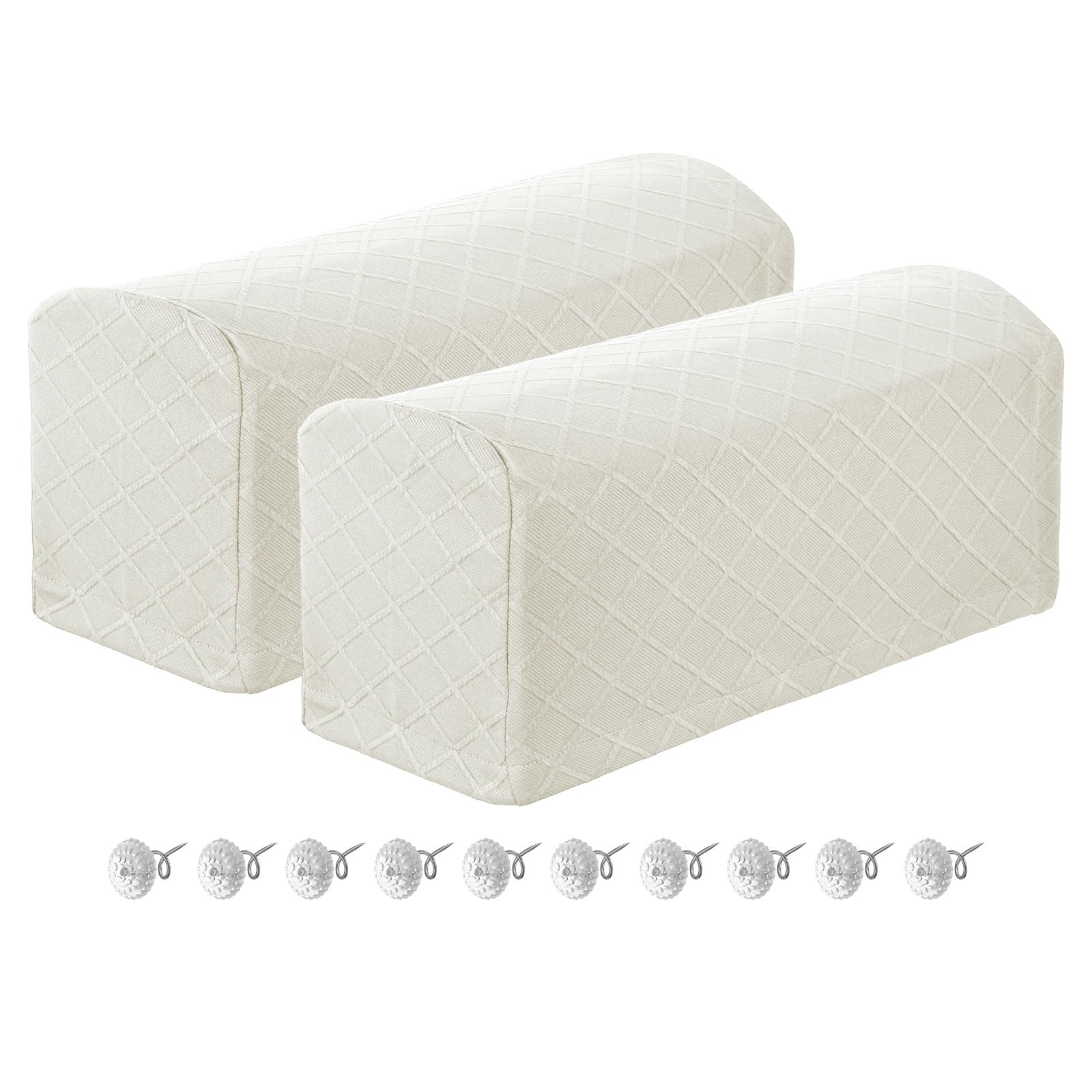 QUARKZMAN 2Pcs Fundas Estirables para Reposabrazos para Sillones Blanco | Fundas De Poliéster Con Patrón De Diamante, Y Sofás Reclinables, Con Alfileres De Torsión Para Sillas Sofás