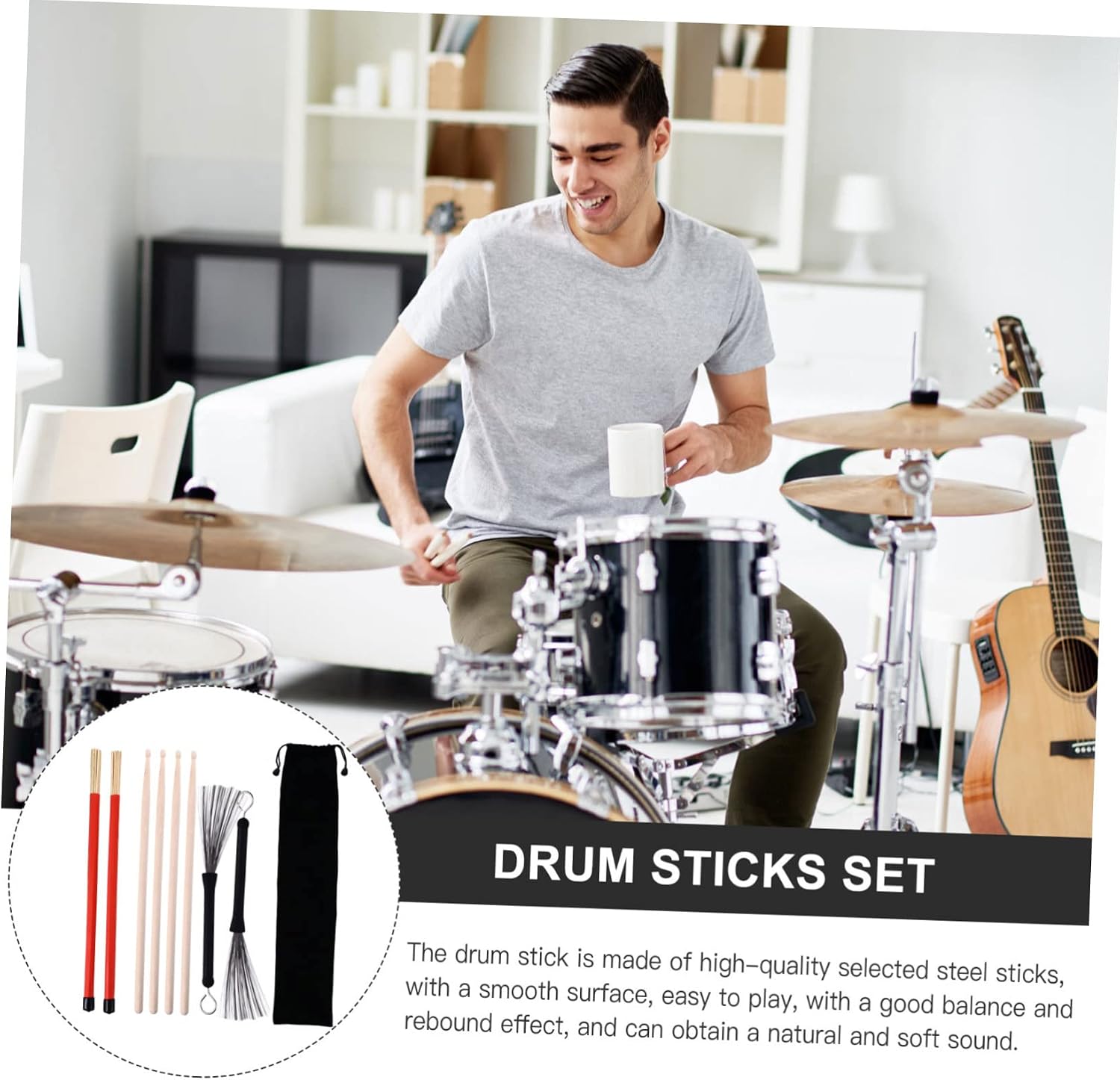 LIFKOME 9-Piece Drum Stick Set Bamboo Handles and Steel Wire Brushes for Jazz and Rock Drumming Includes Drumsticks and Holder for Easy Storage