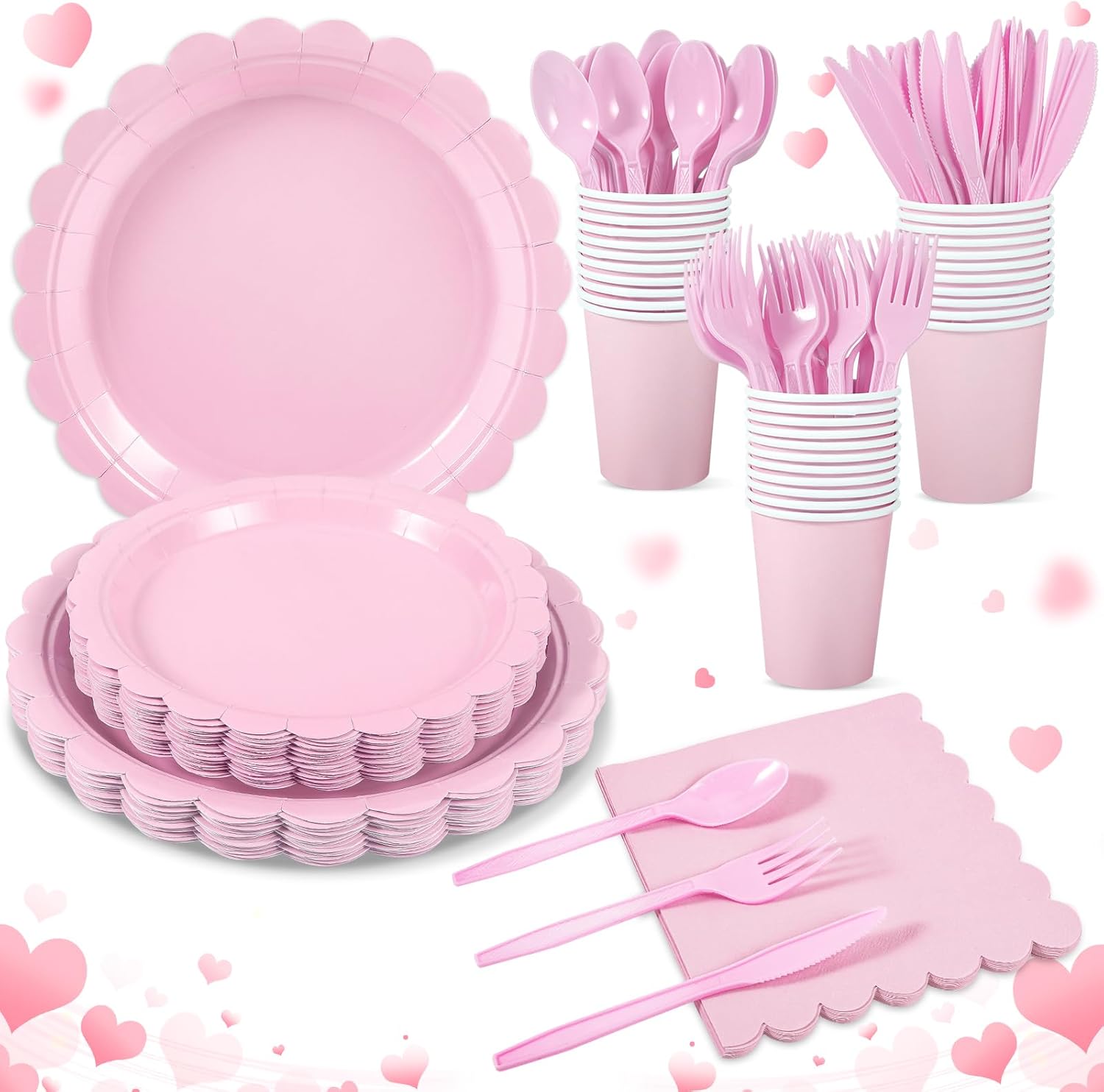 175 Pcs Pink Plates and Napkins, Pink Valentines Plates Set Include Scalloped Plate Napkins Cups Plastic Spoons Forks Knives Disposable Dinnerware for Birthday, Wedding, Bridal Baby Shower