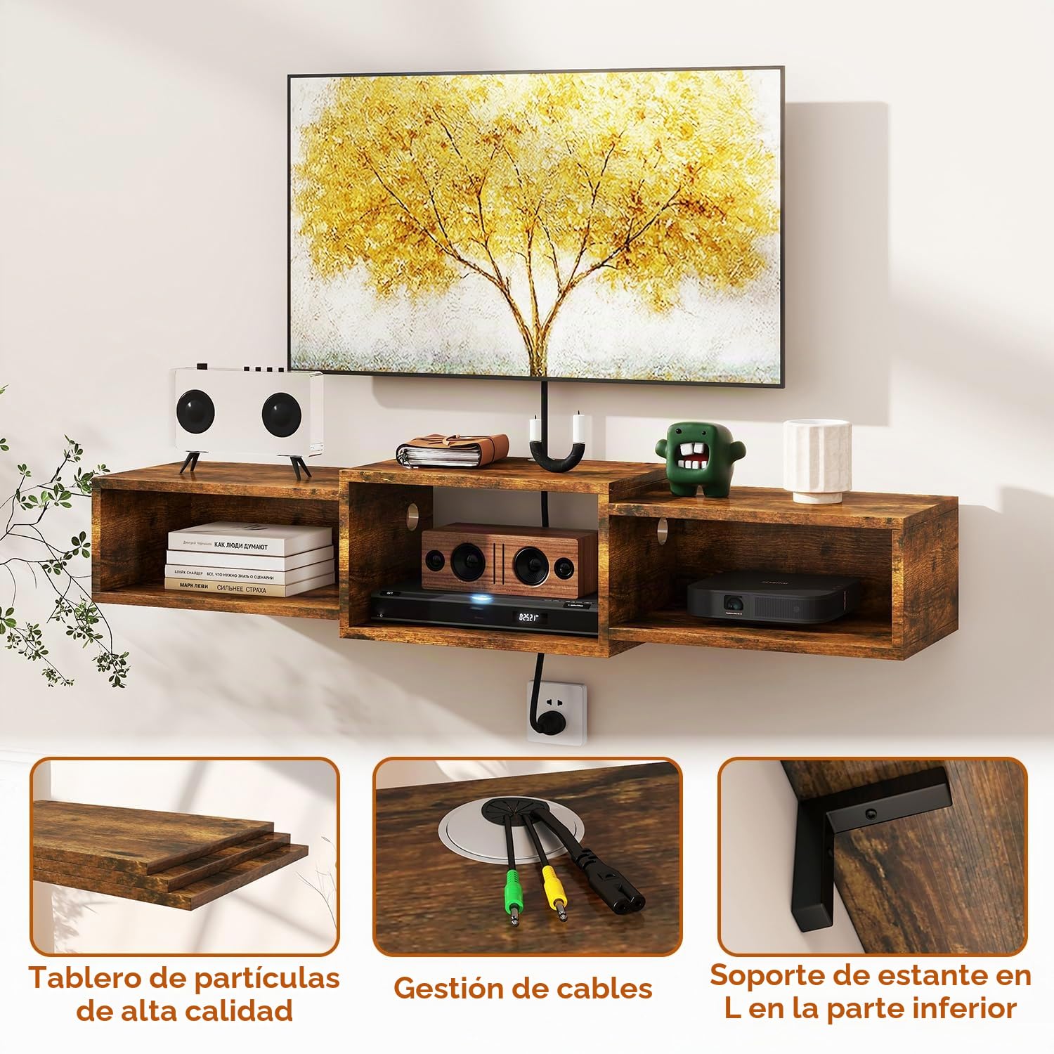 IBUYKE Flotante Mueble de TV Montado en La Pared, Mesa Televisión Multimedia de Madera para, Mueble Flotante para TV Debajo del Televisor para Salón, Dormitorio u Oficina, Marrón WST013H