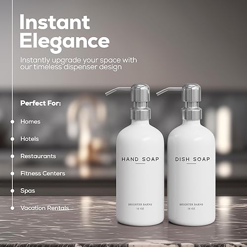 Miniatura 2 de Brighter Barns - Dispensador de jabón para manos y platos de vidrio blanco - Juego de dispensador de jabón de cocina y bomba - Dispensador de jabón