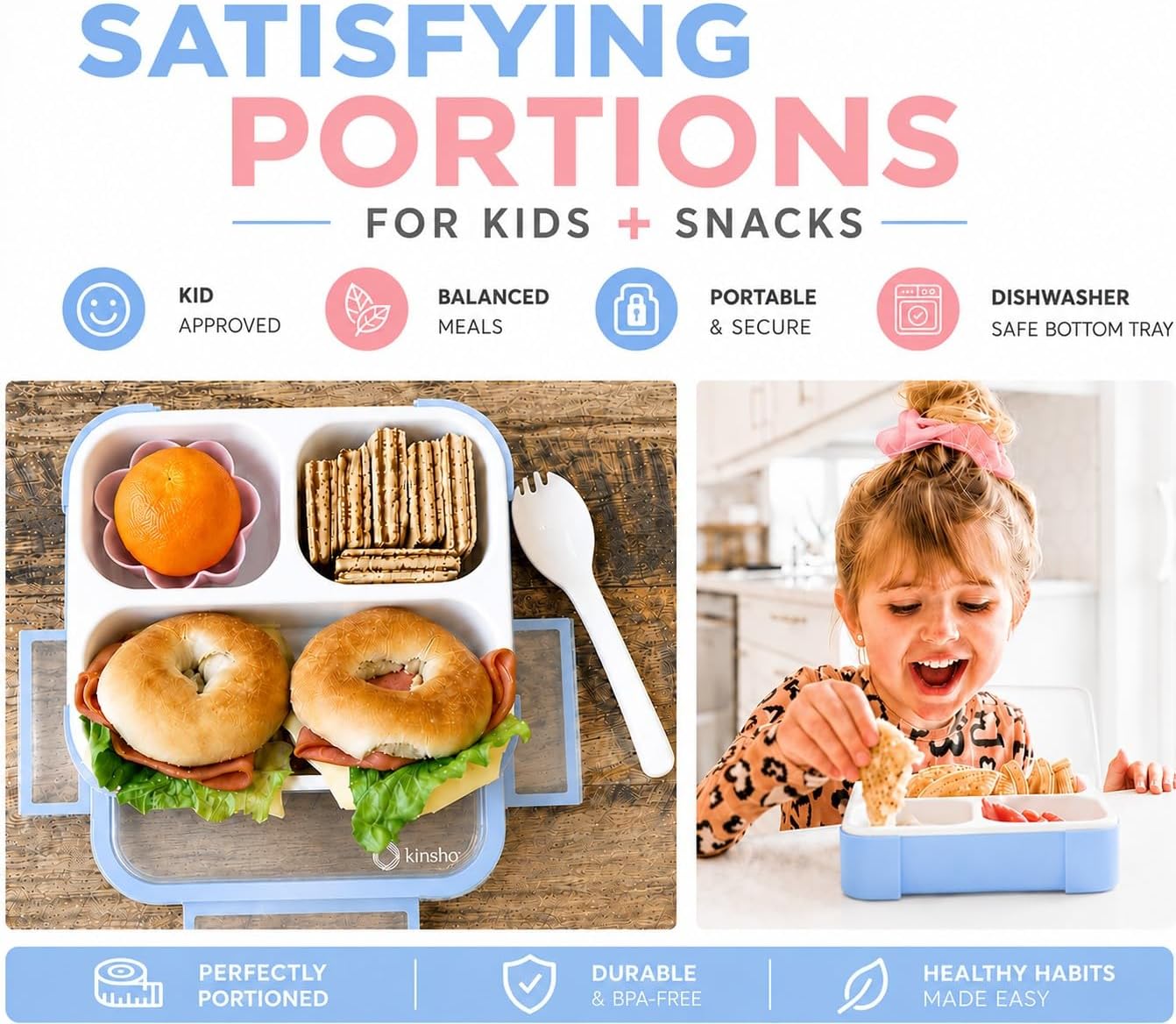 kinsho Medium Bento Boxes for Kids, Lunch Box for Boys Girls Toddler Adults, Leak-Proof 3 Compartment Containers for Meal or Snack at School Daycare Work Travel, BPA Free 2 Pack (Pastel Blue + Pink) image 2