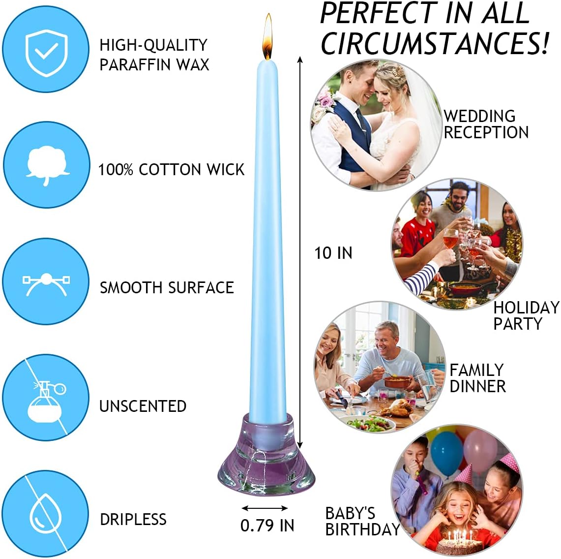 NIKY 10 inch Taper Candles, Set of 12 Unscented Dripless Candlesticks - 8 Hours Long Burning for Home Decoration, Wedding, Parties and Special Occasion (Light Blue)
