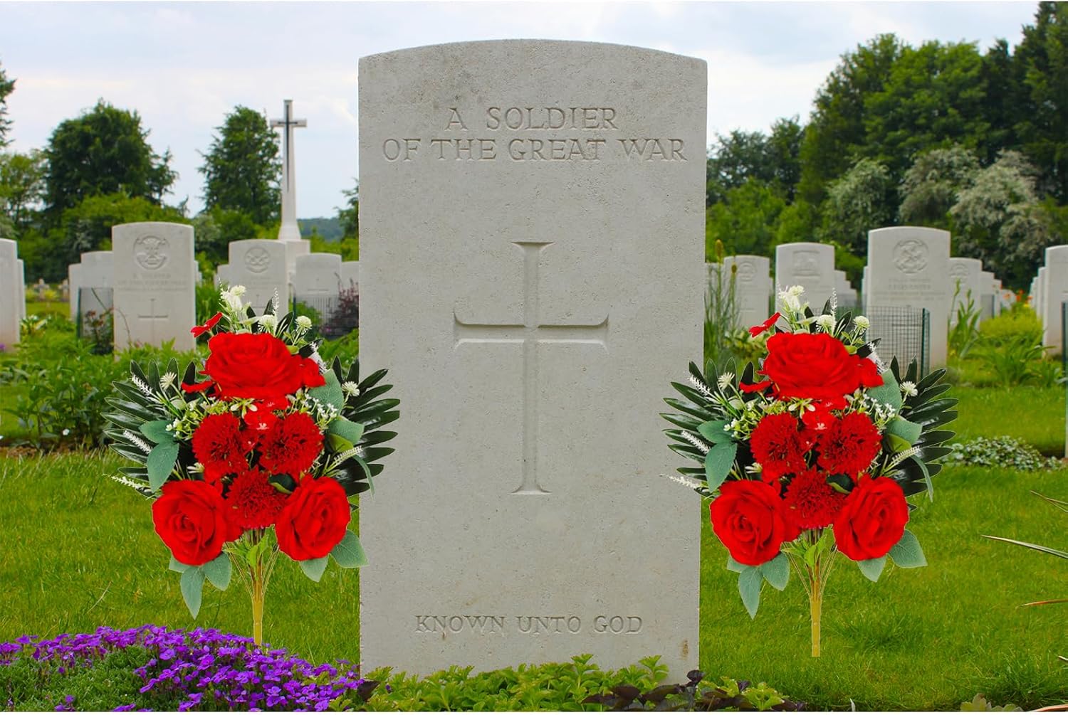 Artificial Cemetery Flowers for Grave - Outdoor Graveyard Decorations for Memorial, Mother's Day, Father's Day - Flowers Artificial Graveside Flowers Decorations 2PC