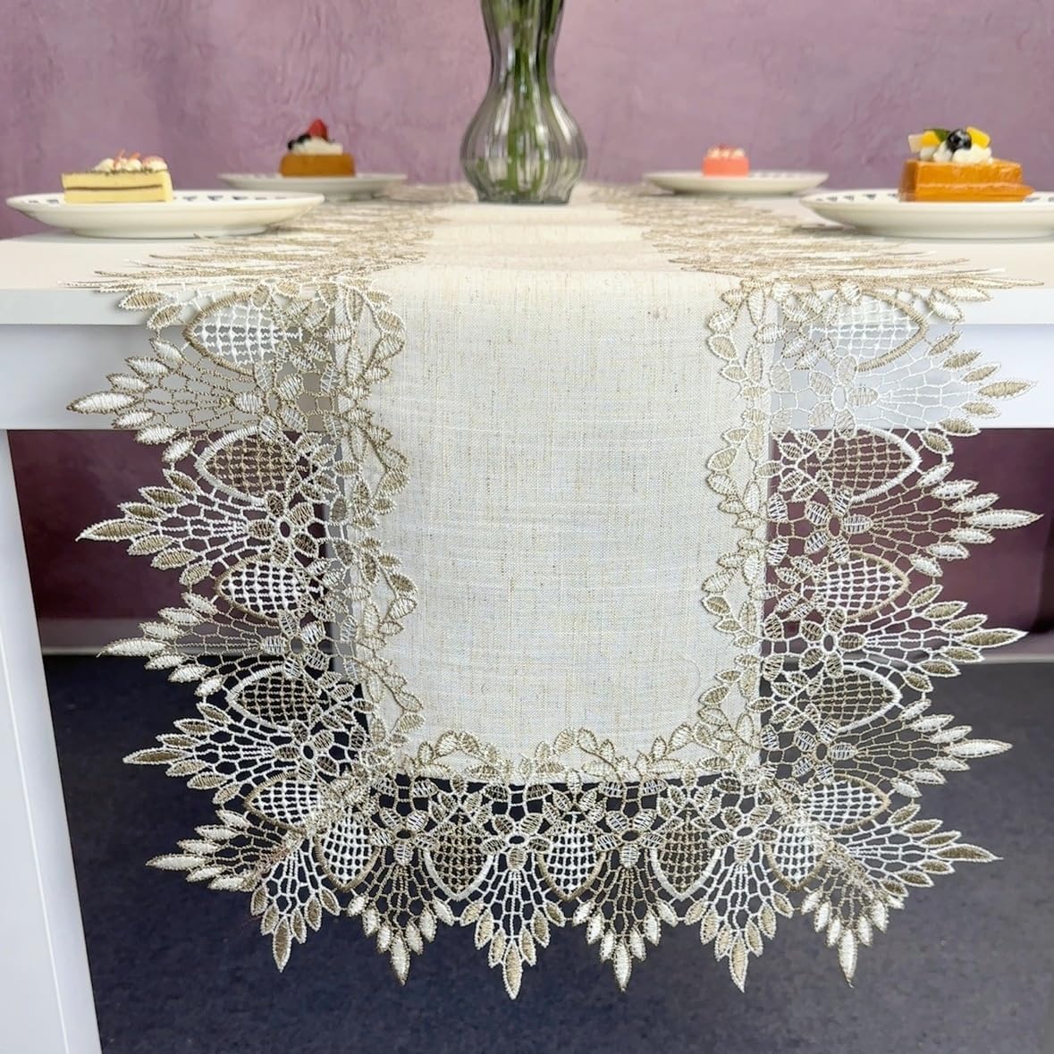Plancholo Light Khaki Lace Table Runner Neutral Earth Tones Table Runner Rustic Macrame Dresser Scarf For Wedding Party Kitchen Dining Table Decoration (16"X87")