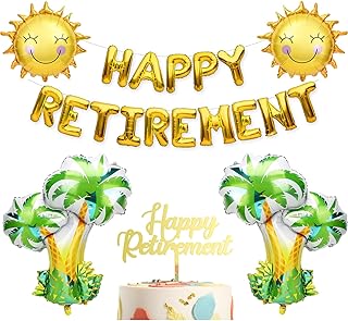 Sunny Beach Theme Retirement Party Decorations - Golden Happy Retirement Balloons & Cake Topper & Coconut Tree Balloons & Sunshine Balloons for Beach Theme Retirement Party Supplies Retired Gift Ideas
