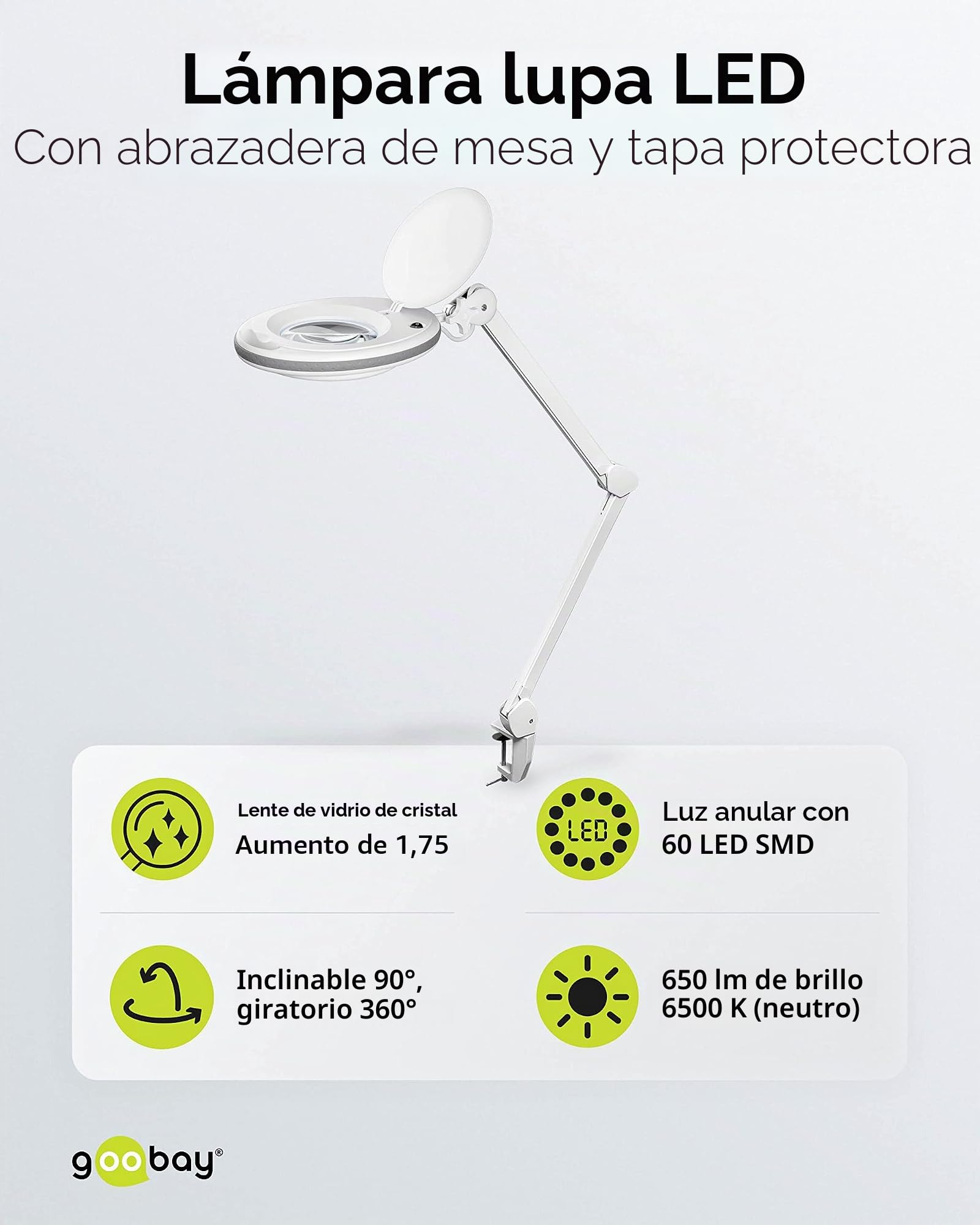 goobay 60360 Lámpara de Aumento LED con Pinza/lámpara de Aumento de plástico / 8 W de Consumo, Temperatura de Color 6500 K/Flujo Luminoso 650 LM/tensión de Servicio 230 V (AC) / Blanco