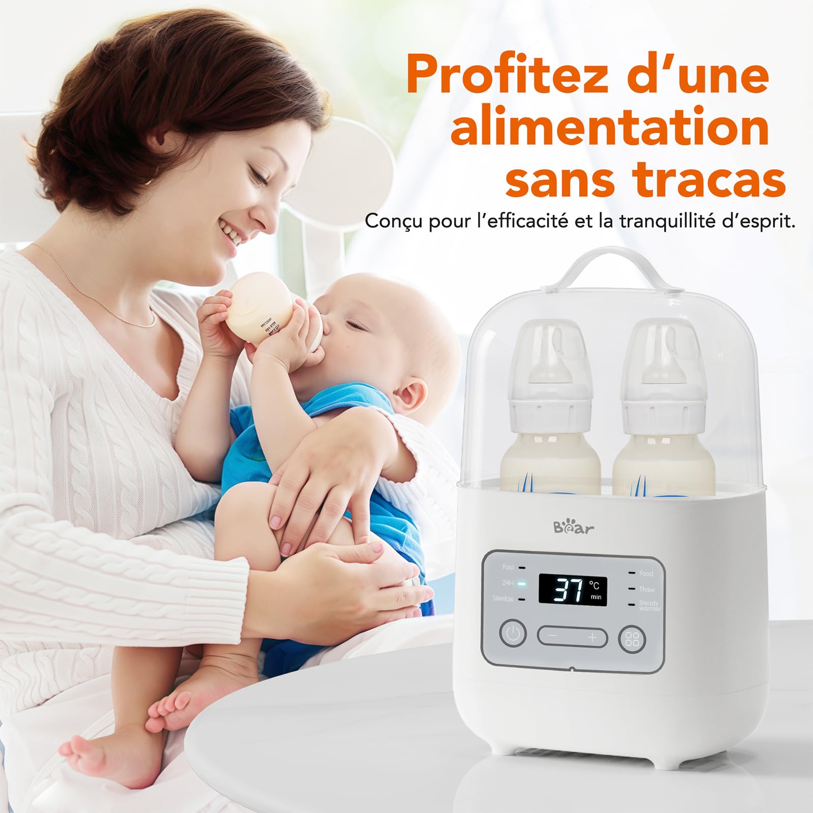 Bear 6-In-1 Chauffe Biberon,Sterilisation Biberon, Double Tasse，Chauffage 24 Heures, Chauffage/Décongélation Des Aliments, Rapide 3-7 Minutes，Stérilisation À La Vapeur À Haute Température 99.99%