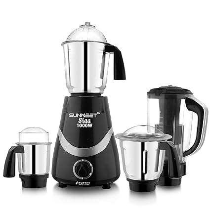 Sunmeet Latest New Model SIAA 1000-Watts Mixer Grinder with 100% Copper Motor with 3 Heavy Aluminium base Stainless Steel Jars and 1 ABS Juicer Jar 4R(Dry Jar, Chutney Jar, Liquid, Juicer Jar) Black-Silver