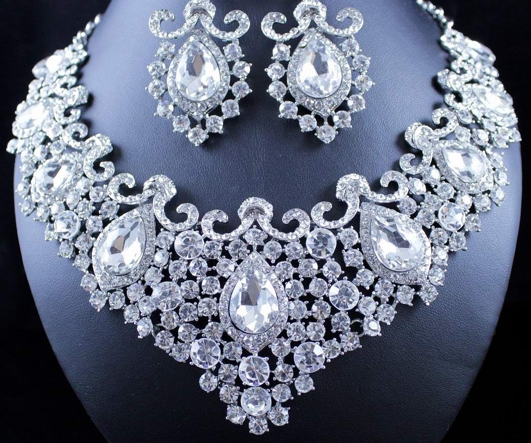 STUNNING CLEAR AUSTRIAN RHINESTONE CRYSTAL NECKLACE EARRINGS SET N12187 SILVER