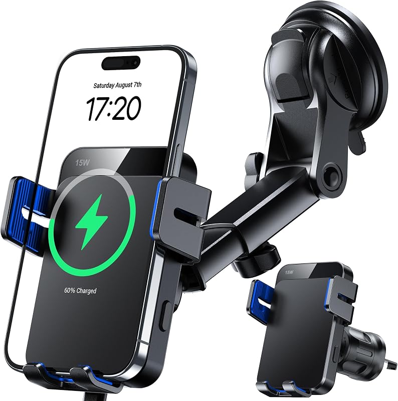 Carregador veicular sem fio MOKPR de 15 W com suporte de fixação automática, ventosa e clipe para saída de ar