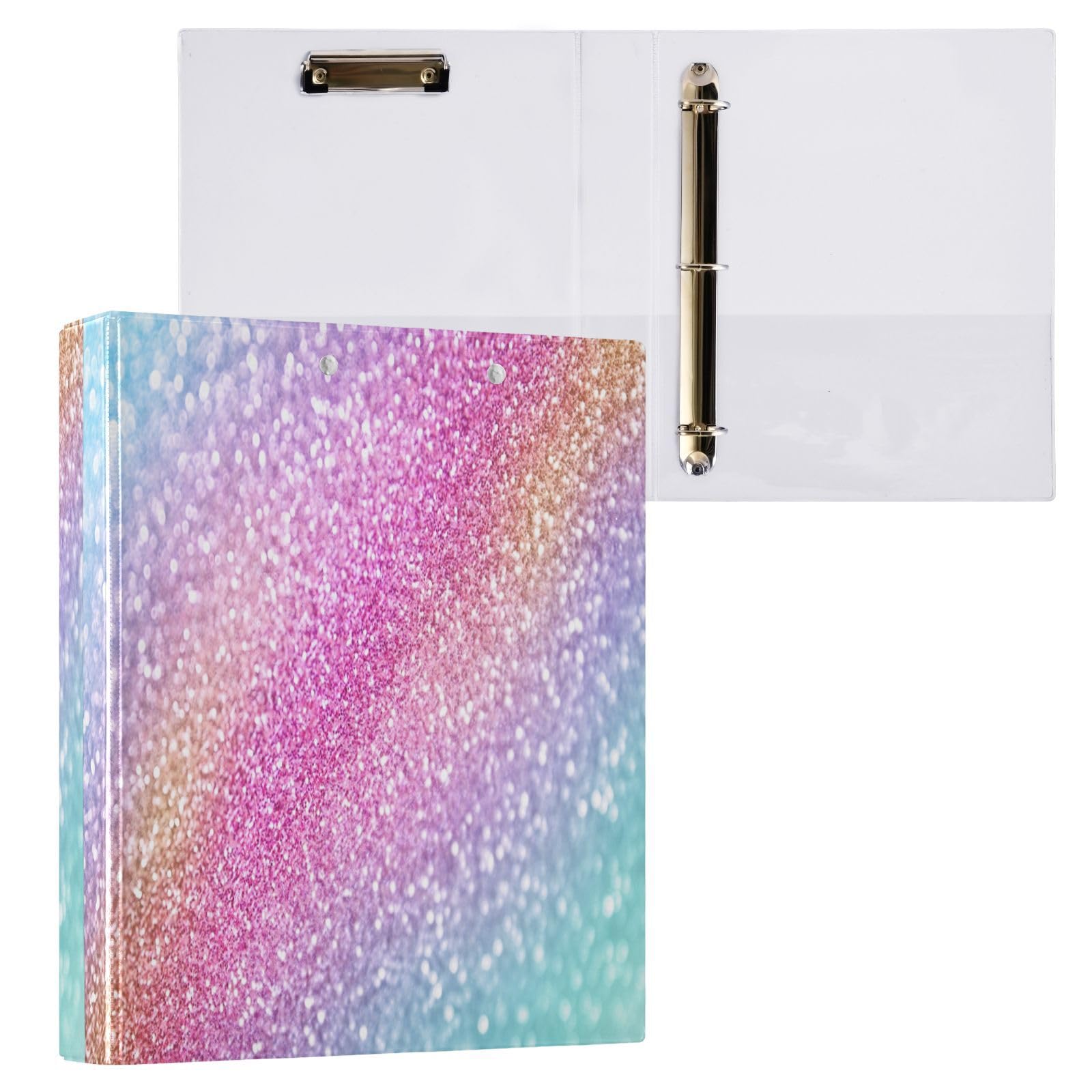 Rainbow Glitter Sparkle 3 D-Ring Binder A4 1 Pack with 200 Sheet for Kids School Supplies Women Men Office