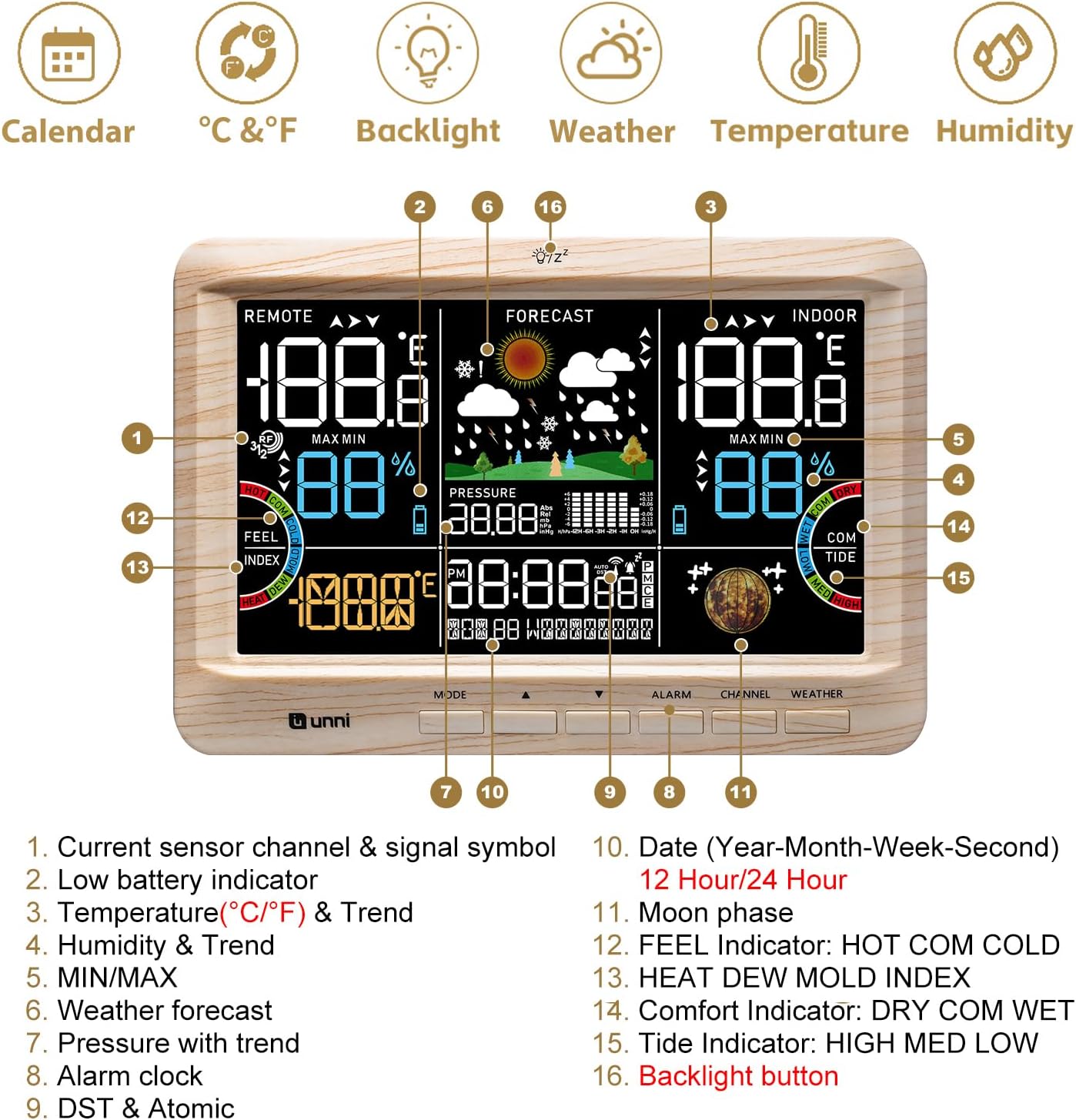 Weather Station Indoor Outdoor Thermometer Wireless, Home Atomic Clock with Large Constant Display, Inside Outside Temperature Humidity Monitor, Dew Heat Point, Barometer (WOOD01)