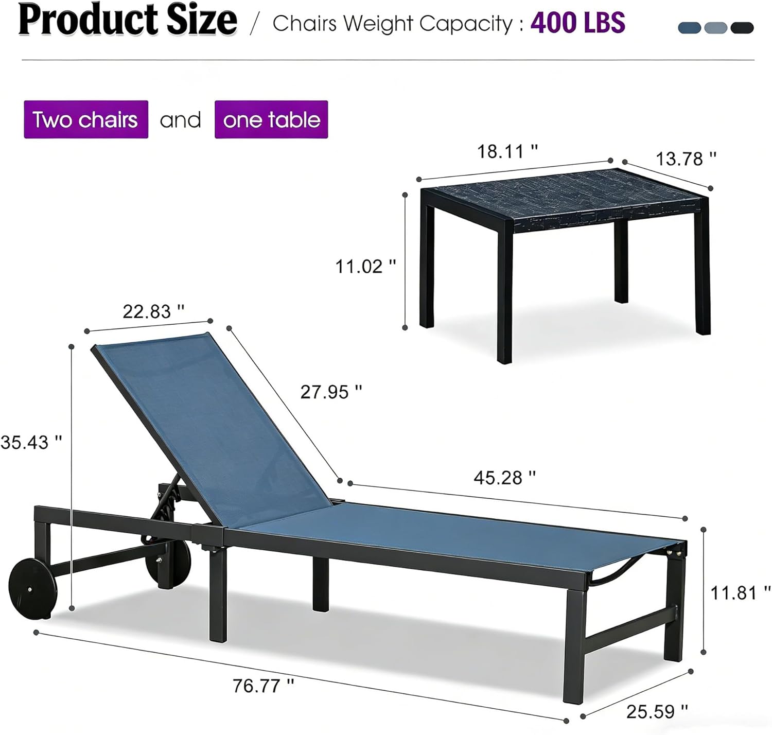 PURPLE LEAF Outdoor Chaise Lounge Chairs Set Recliner Adjustable Chair with Wheels and Table for Poolside Beach Patio Aluminum Reclining Sunbathing Lounger, Indigo