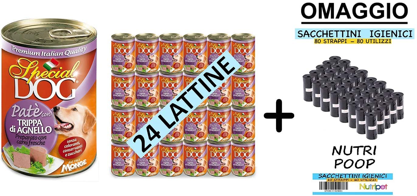 24 Lattine Special Dog Monge 400g Patè Gusti Vari con 80 Strappi NutriPoop Omaggio (Trippa di Agnello)