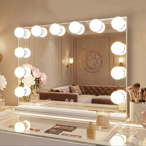 VANITII Espejo de tocador con luces y 12 bombillas G95 luces de 32 x 23 pulgadas, espejo de maquillaje Hollywood grande con altavoz Bluetooth y