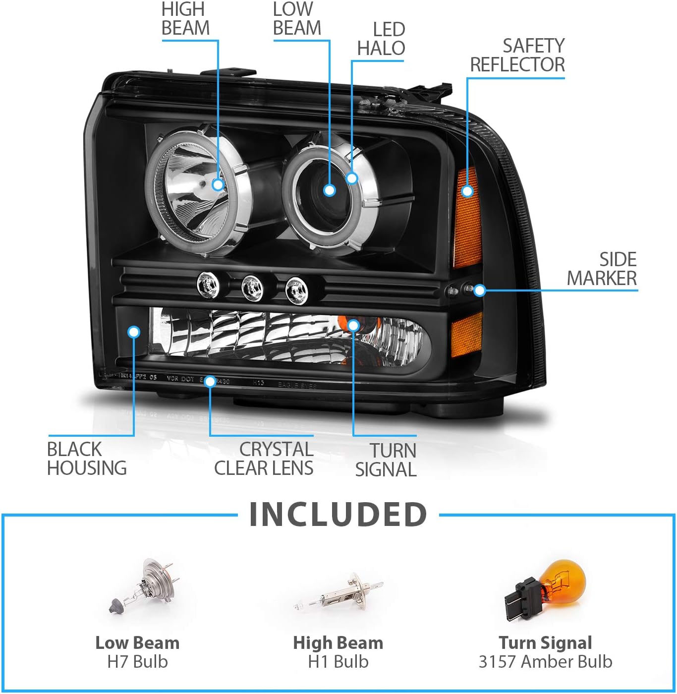 AmeriLite for 2005-2007 Ford F250 F350 F450 Superduty Xtreme LED Halo Rim Black Projector Headlight Pair - Passenger and Driver Side