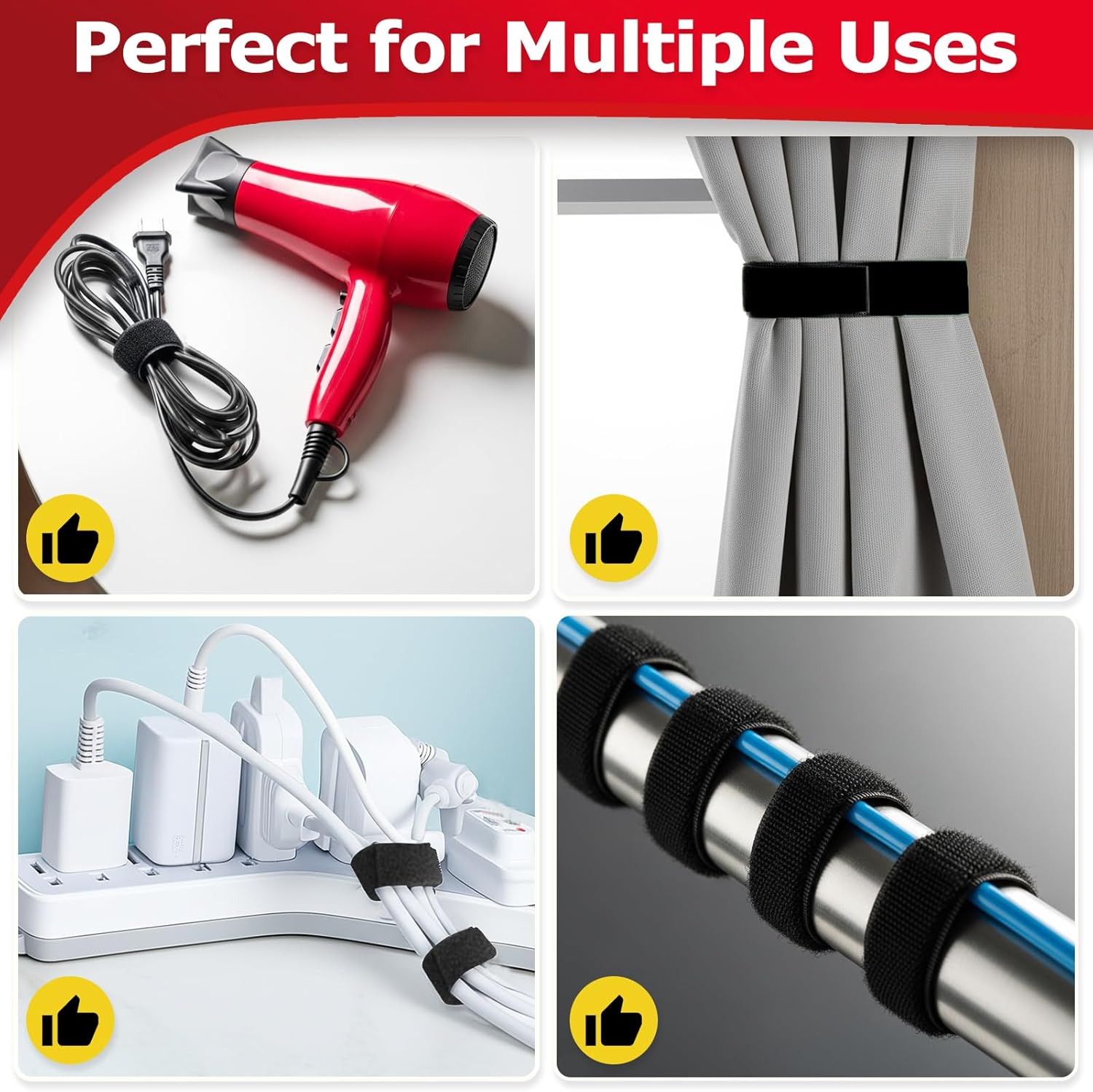 Hook and Loop Tape Roll, 1/2 in 50 FT Reusable Cable Ties, Cut to Length, Double Sided, Self-Gripping Straps, Cord Ties for Office, Home Cable Management (Black)