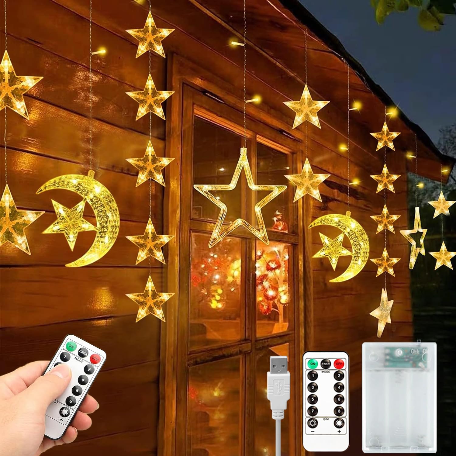 Yoawllty Ramadan Decorations Lights, Star Moon Lights with Remote Control & Battery Case for Home Ramadan Lights for Holiday Ramadan Decorations Wedding Party, Warm White