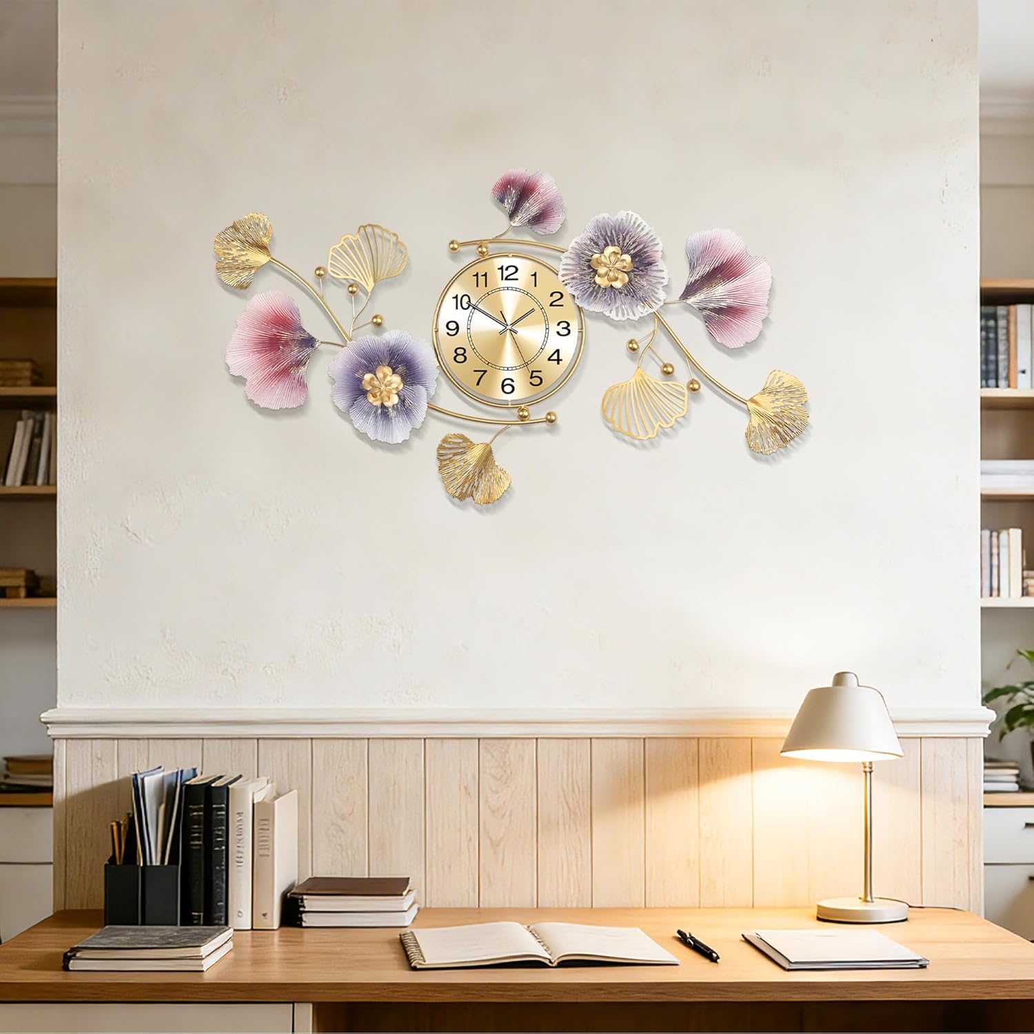 Wall Clocks for Living Room Decor,Large Wall Clock,3D Creative Metal Ginkgo Leaf Design,with Silent Movement Wall Clocks for Home Wall Decor Clock（33"x18"）