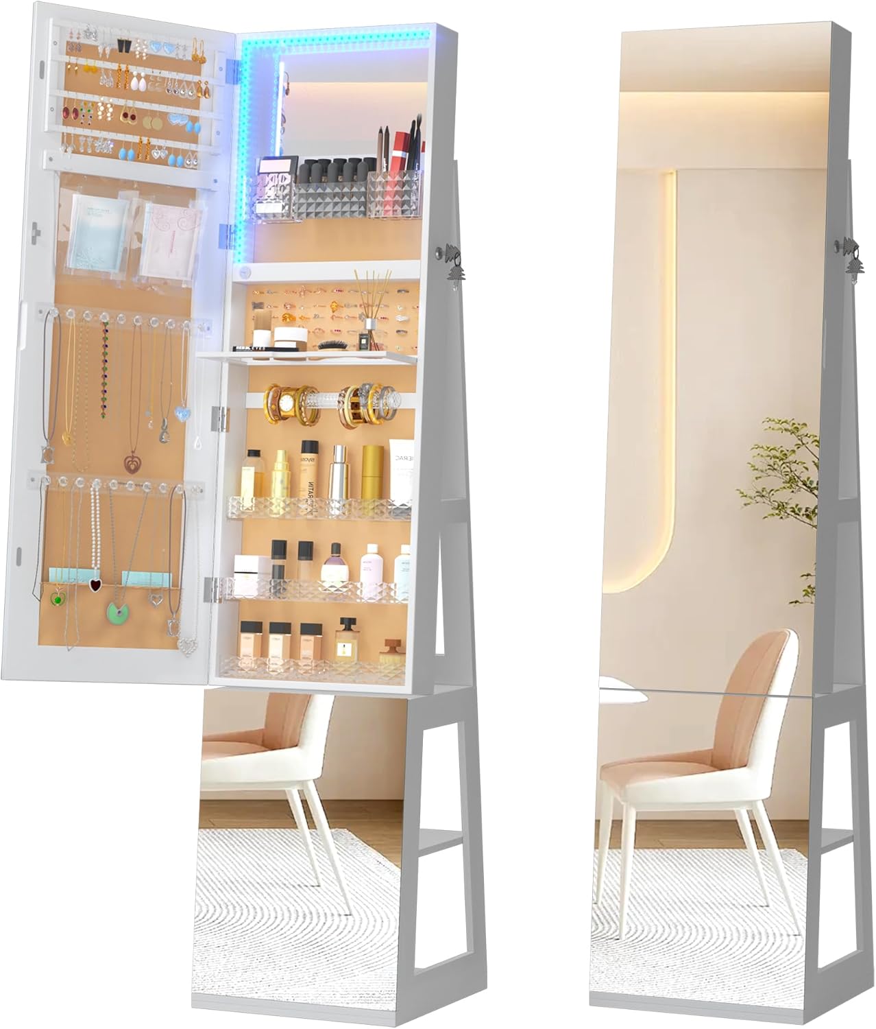 Vlsrka 360° Swivel Jewelry Cabinet with Lights, 63" H Large Capacity Jewelry Armoire with Full Length Mirror, Standing Jewelry Mirror with Storage for Jewelry, 4-in-1 design, White