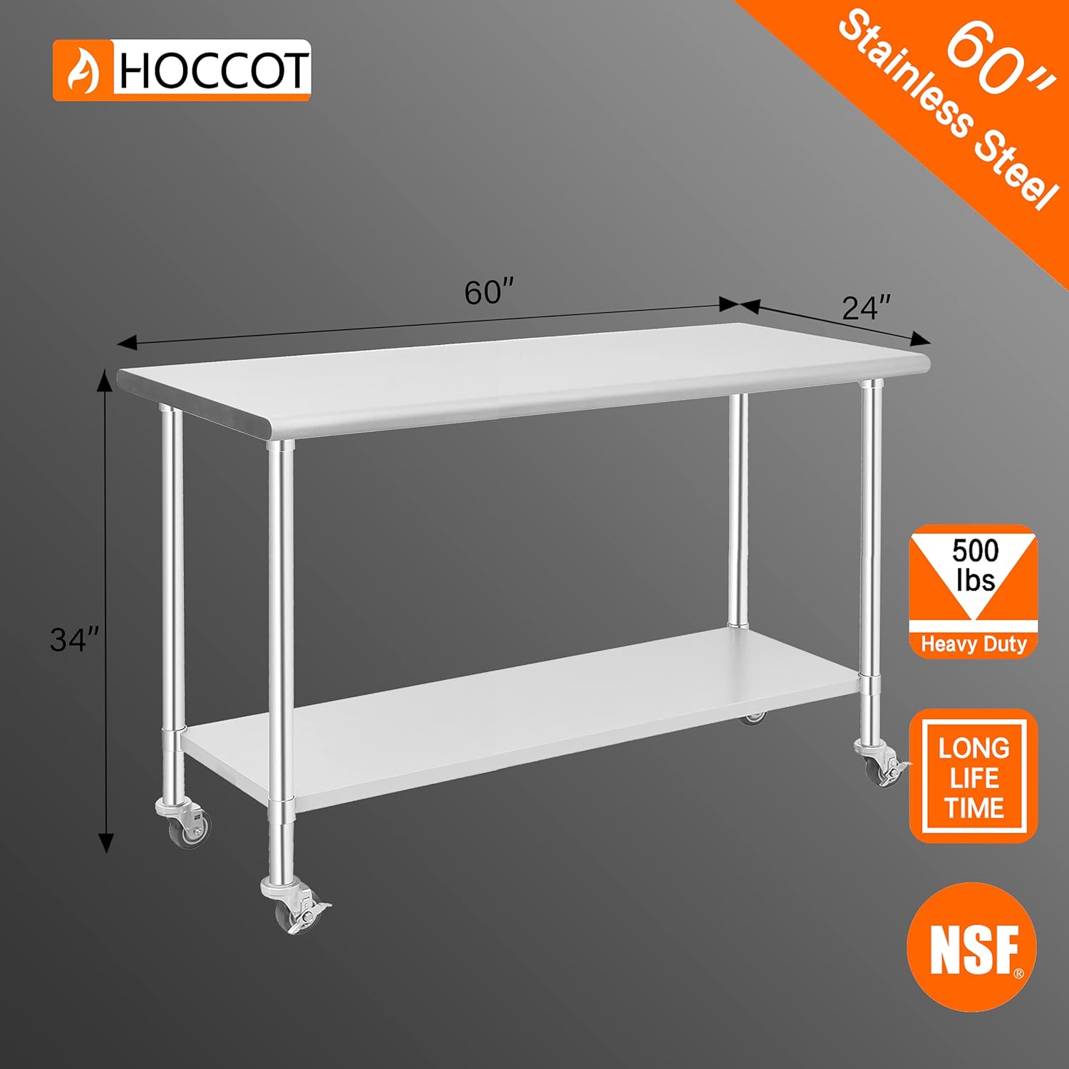 HOCCOT Stainless Steel Prep & Work Table with Adjustable Shelf, with Wheels, Kitchen Island, Commercial Workstations, Utility Table in Kitchen Garage Laundry Room Outdoor BBQ, 24" X 60" : Industrial & Scientific