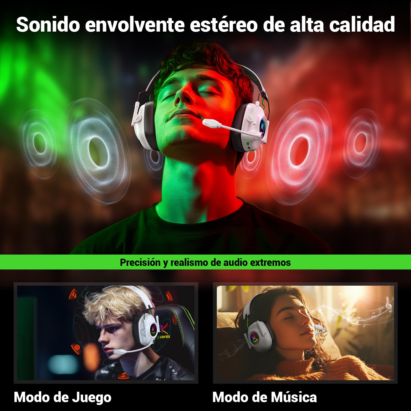 Krysenix 2,4 GHz Cascos Gaming Inalámbricos para PS5, PS4, PC, Mac, Switch, Auriculares Inalámbricos Bluetooth 5.4 con micrófono, Cancelación de Ruido, Duración 40Hr, Luz LED, Blanco Puro