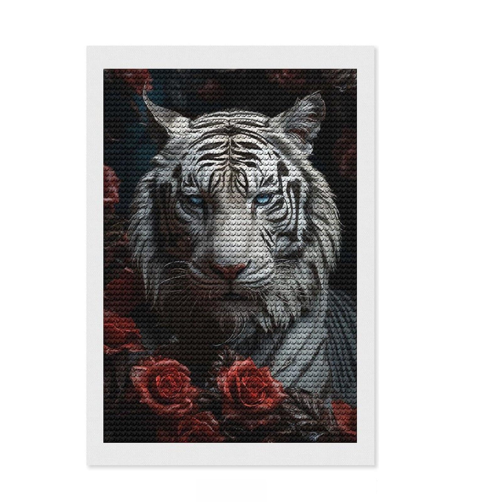 Junmoney White Tiger Diamond Painting Set 8"x12", Fun Craft Experience, Complete Accessories, Office Decor, Gift Idea, with Tool Kit