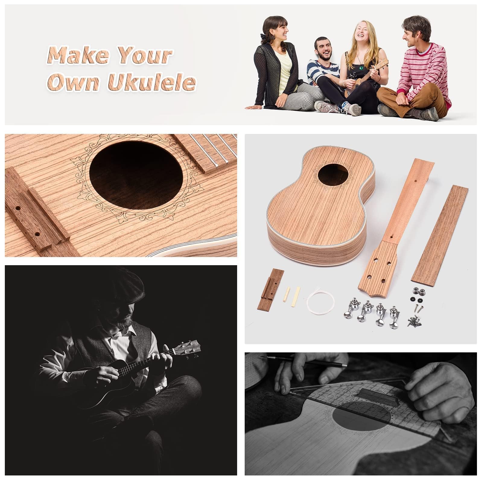 Zebra Wood Ukulele DIY Kit, 26 Zoll Tenor Ukulele DIY Kit mit Zebraholzpanel Rosenholz Fingerbrett mit Stiften Strings Werkzeuge Spaß Einfaches Montagekörperhalsbrücke für DIY