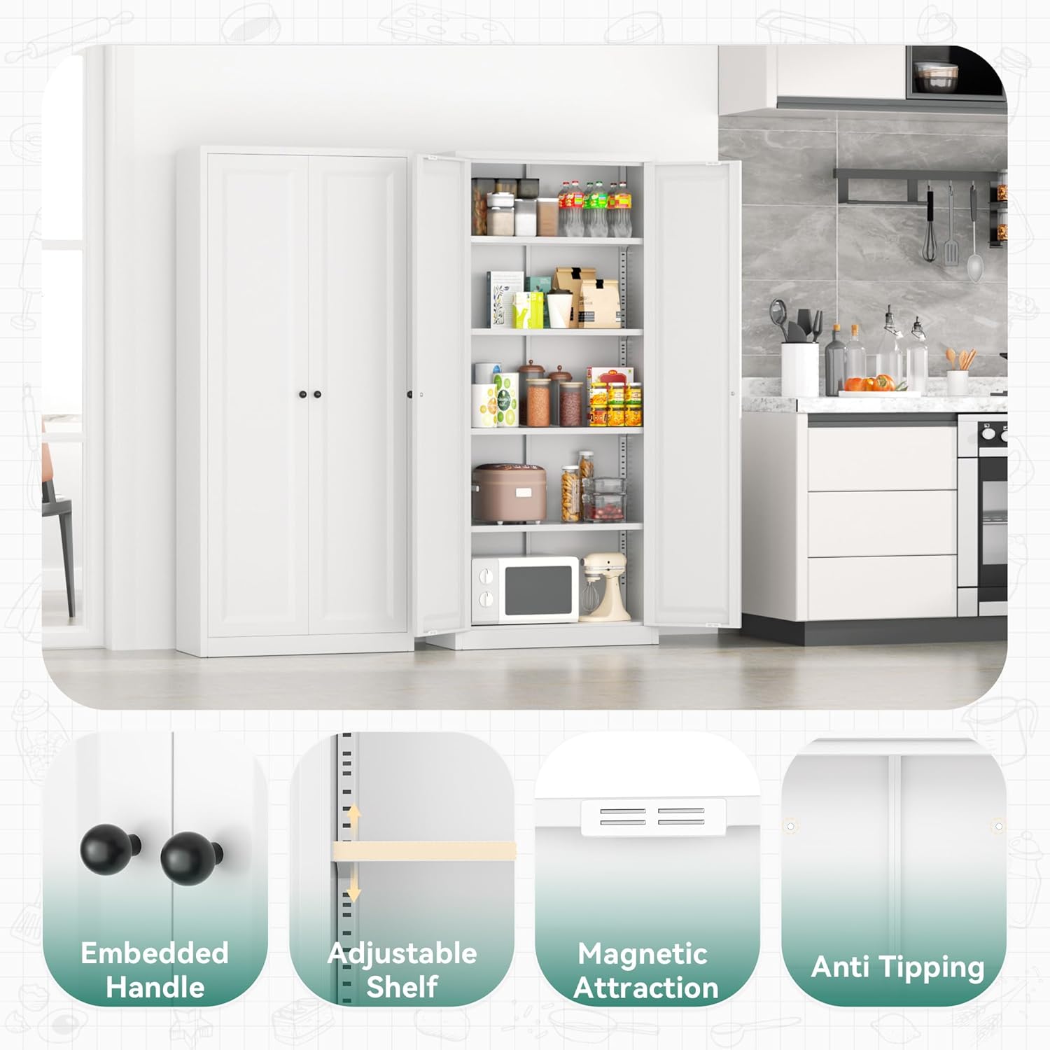 Greenvelly 63" H Metal Pantry Storage Cabinet, White Locking Metal Cabinet with 4 Adjustable Shelves, Kitchen Pantry Cabinets for Home, Garage, Pantry, Kitchen, White