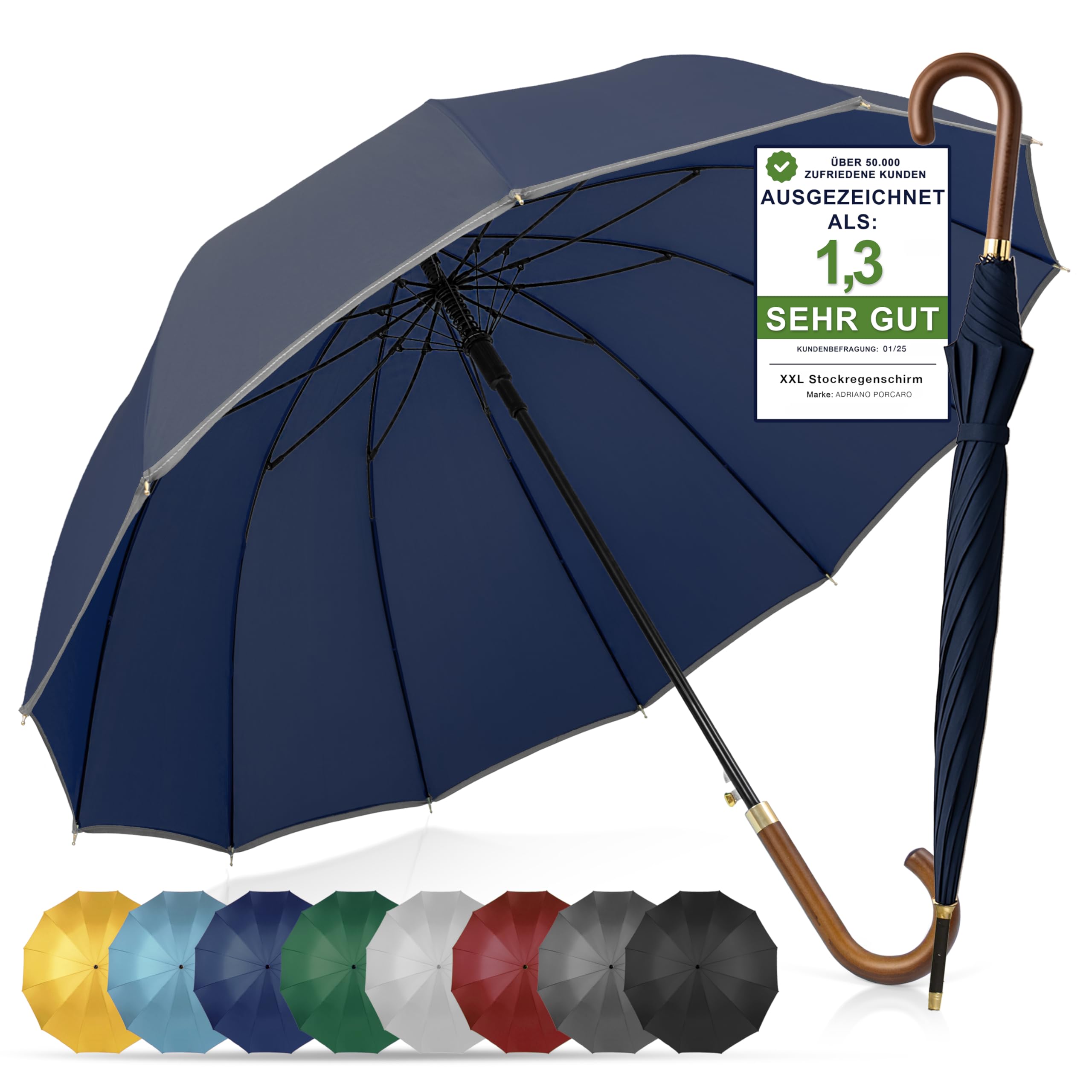 ADRIANO PORCARO® Regenschirm Sturmfest I Ø120cm Schirm I Regenschirm Groß XXL mit Reflektierendem Rand I 12 Streben Stockschirm I inkl. Schirmhülle - Für Herren & Damen I Regenschirm
