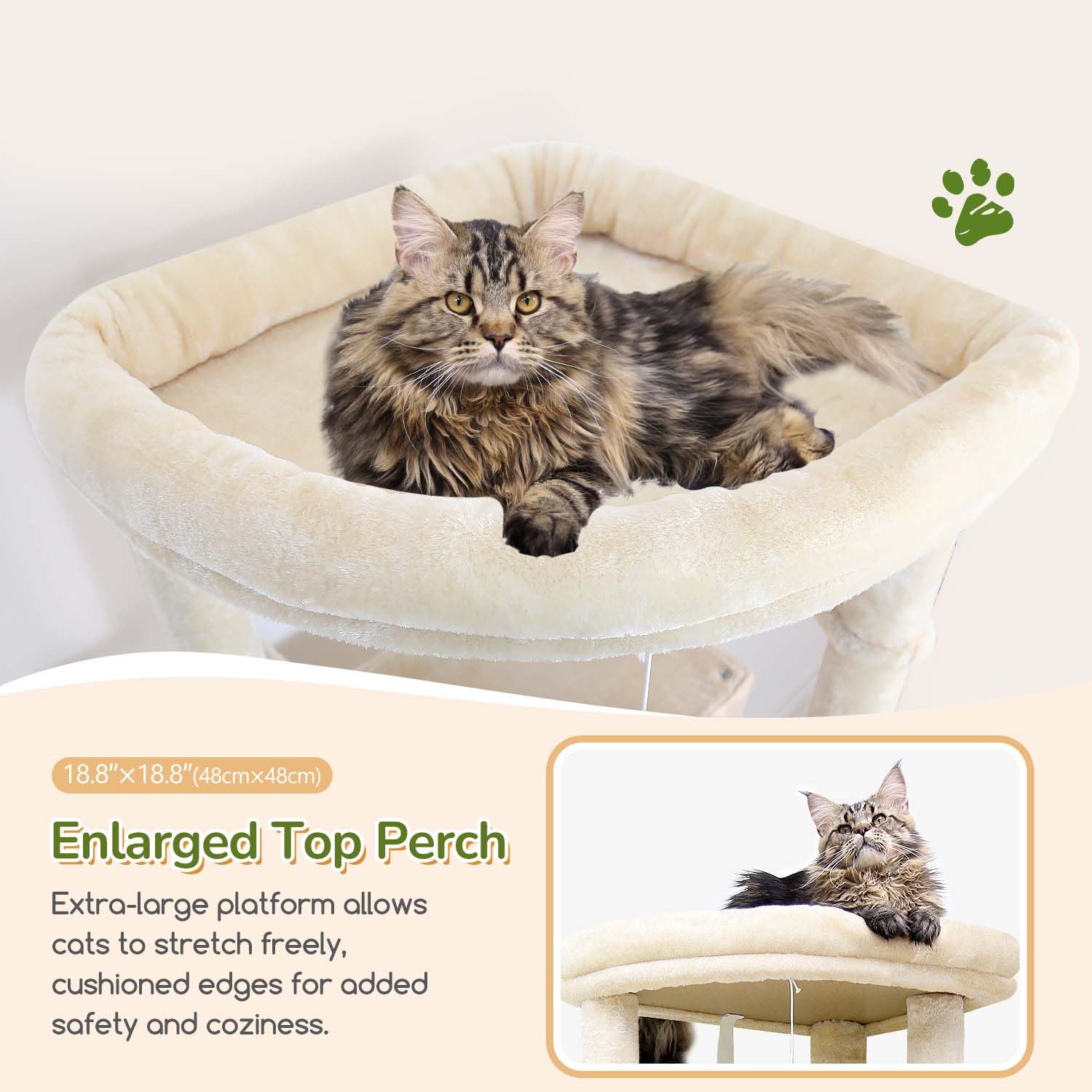 Globlazer Árbol Rascador Beige Grande Alto 188 cm con 2 Grandes Nidos, 48 * 48CM Plataformas Acolchada, 2 Felpa Cesta, Estable Árbol Torre para Grande Gato 3-5 Adulto Gatos Más de 5 kg (S74, Beige)