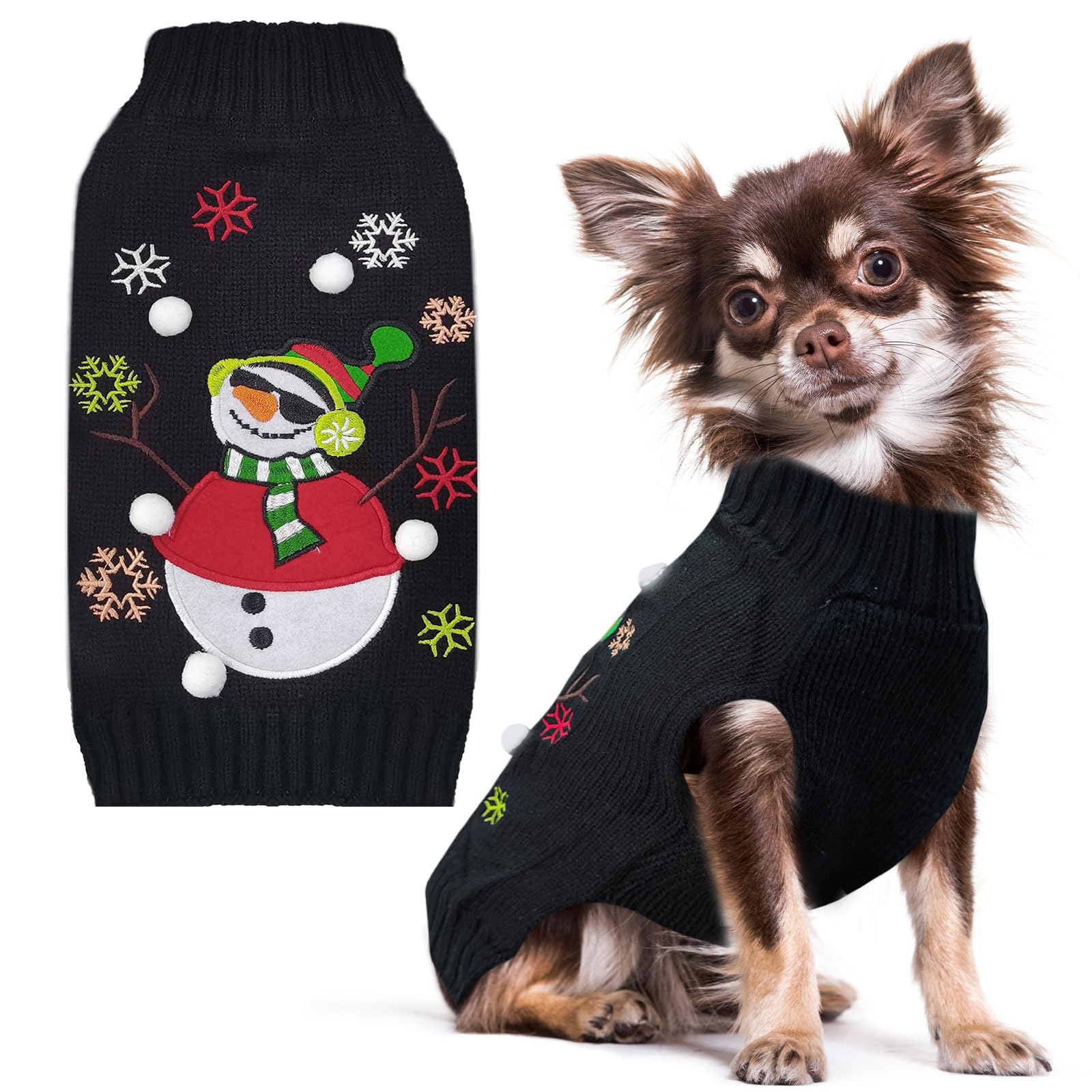 Pull de Noël pour chien frissonnant PeTCare anti froid et confortable noir bonhomme neige L