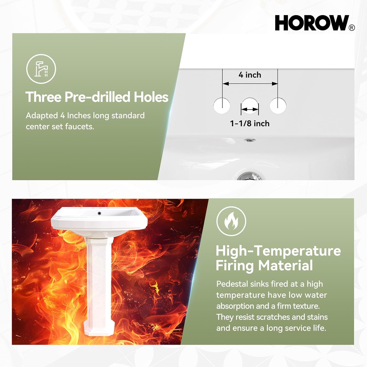 HOROW 23 x 19 Inch Pedestal Sink, Rectangular White Ceramic Bathroom Sink with Overflow, Small Bath Pedestal Sink Combo with 3 Faucet Holes for 4" Faucet Centers