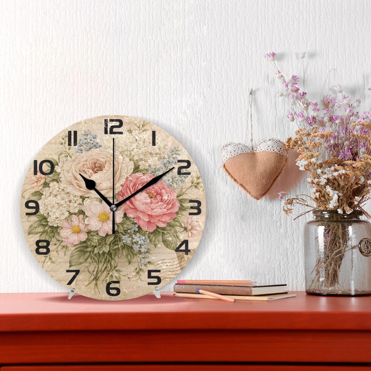 ABLINK Vintage Shabby Chic Rose Floral Round Wall Clock, Silent Non Ticking Oil Painting Home Office School Decorative Clock Art