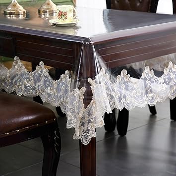 Qubjus Clear Plastic Tablecloth Waterproof Rectangle Vinyl Table Cloth with Embroidered Lace Table Cover for Dining Kitchen Buffet Banquet Parties47x70 inch, Champagne Flower