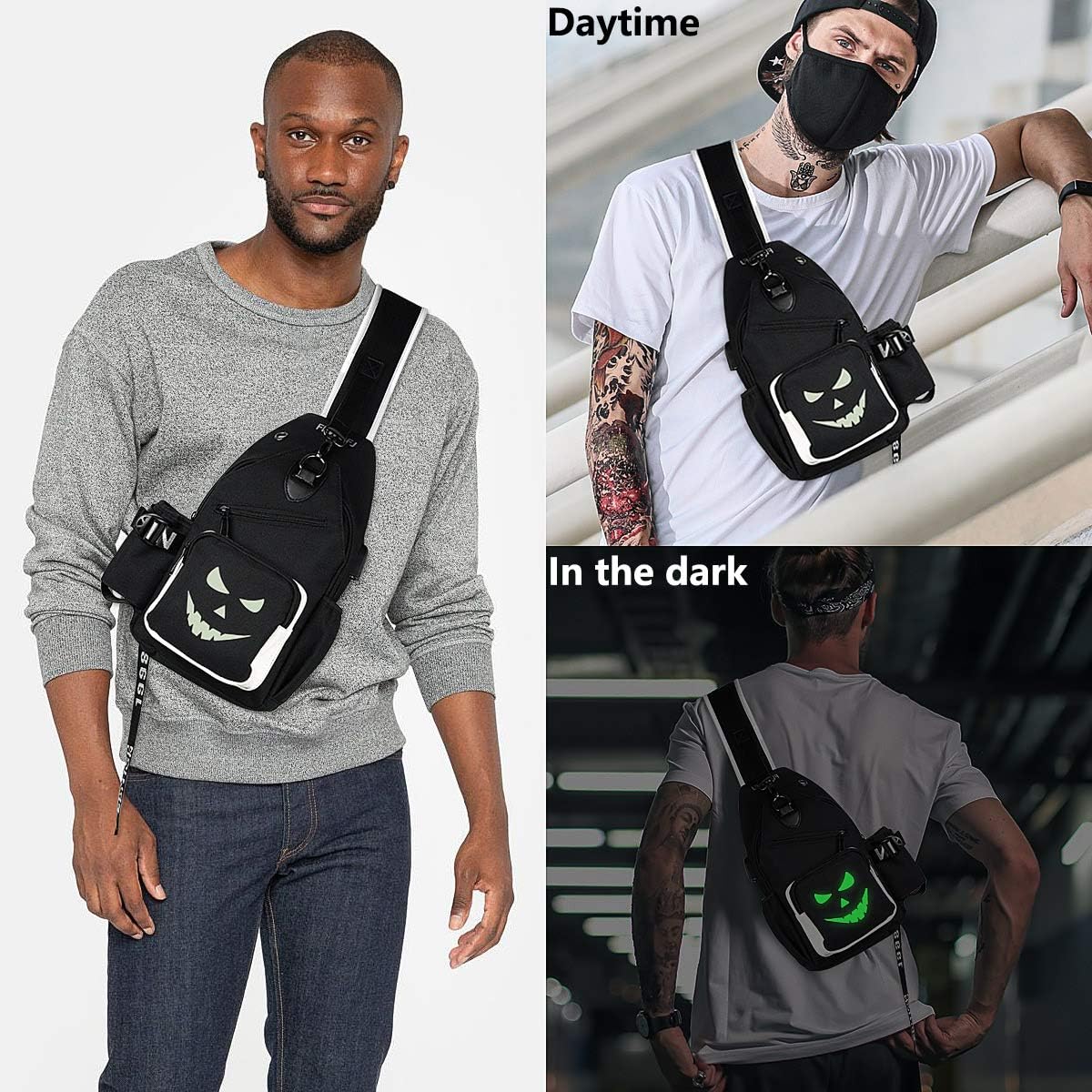 Xinveen Luminous Sling Bag Cross Body Shoulder Backpack Multifunction Chest Bag with USB Charging Port for Men Boys Travel Sports Evil Smile - Image 3